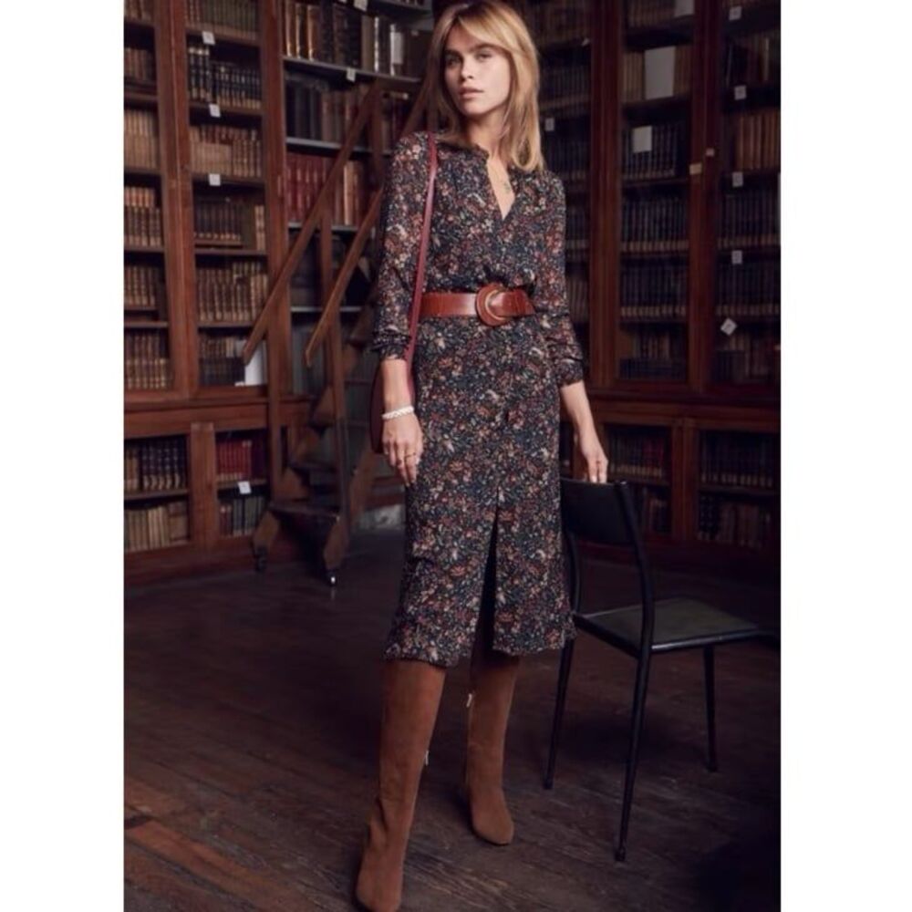 Sezane Clémence Floral Button Front Midi Dress in Printed Black Foliage 36 4